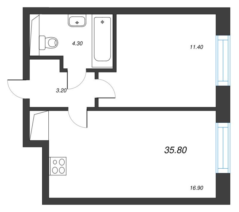 Планировка — 2е квартира, 35.8 м²
