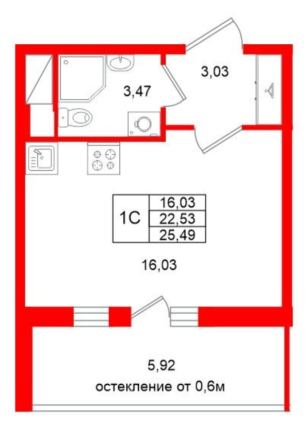 Планировка — Студия-квартира, 22.5 м²