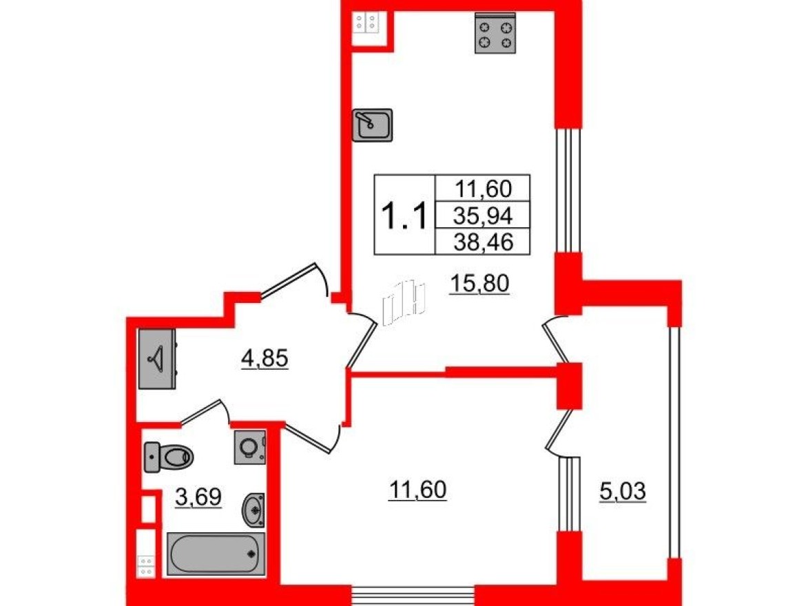 Планировка — 1к. квартира, 35.9 м²