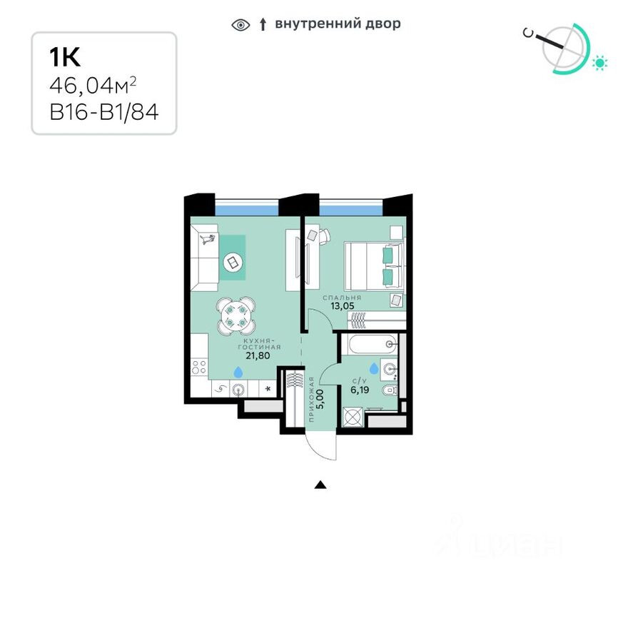 1к. квартира, 46.0 м²