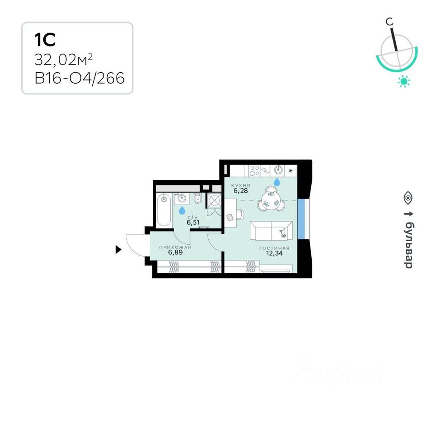 1к. квартира, 32.0 м²