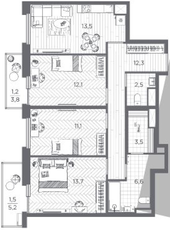 Планировка — 3к. квартира, 78.0 м²