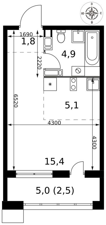 Планировка — Студия-квартира, 29.7 м²