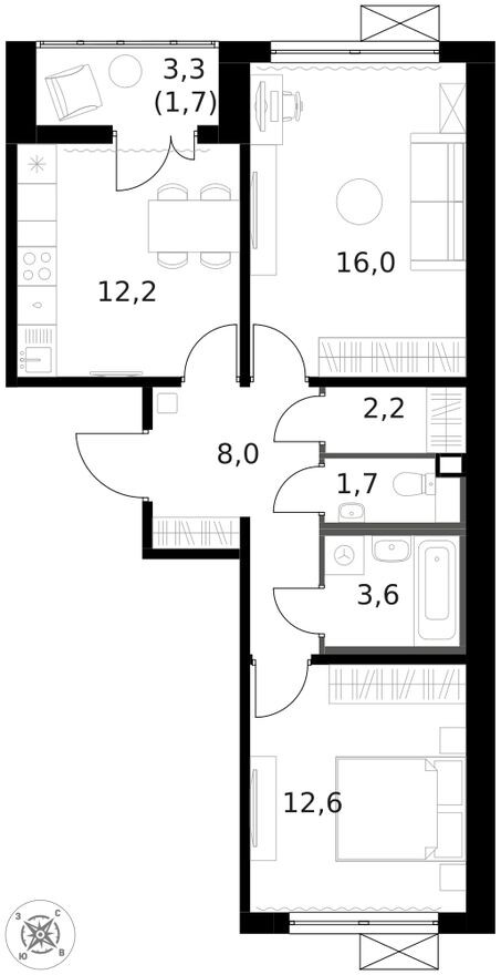 Планировка — 2к. квартира, 58.1 м²
