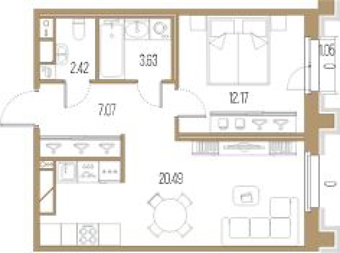 Планировка — 1к. квартира, 45.8 м²
