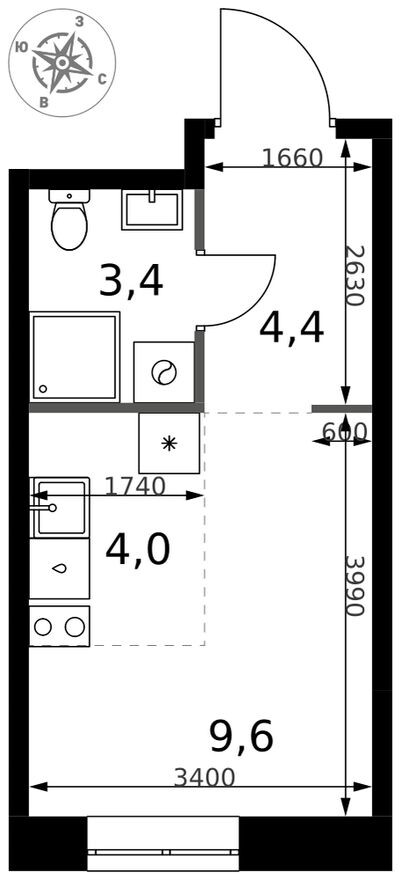 Планировка — Студия-квартира, 21.4 м²