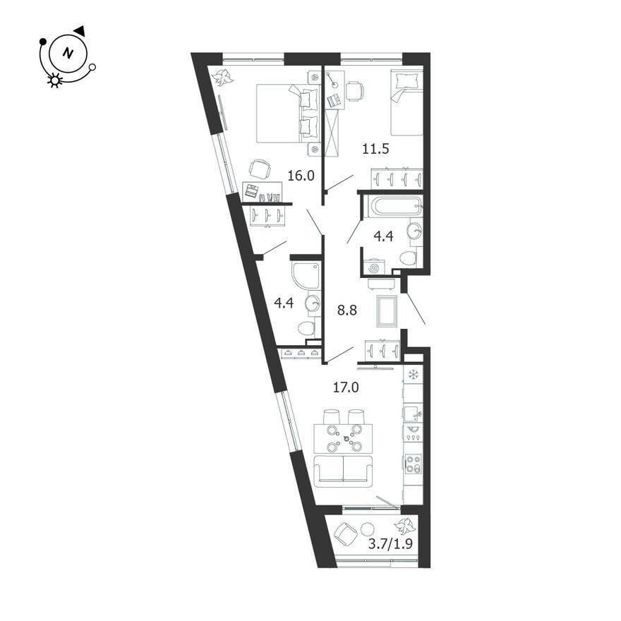 Планировка — 2к. квартира, 64.0 м²