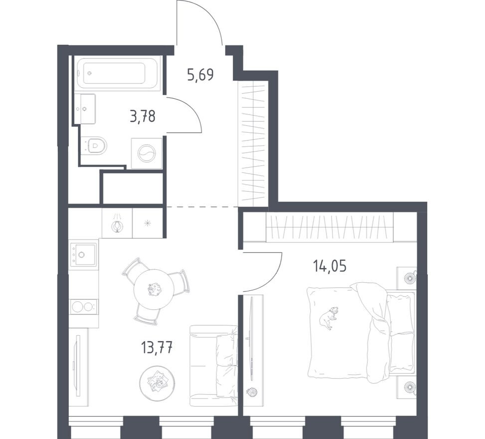 1к. квартира, 37.3 м²