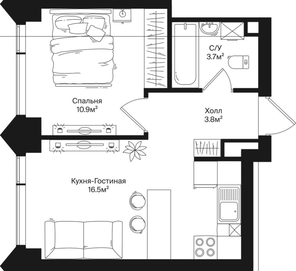 Планировка — 1к. квартира, 34.9 м²