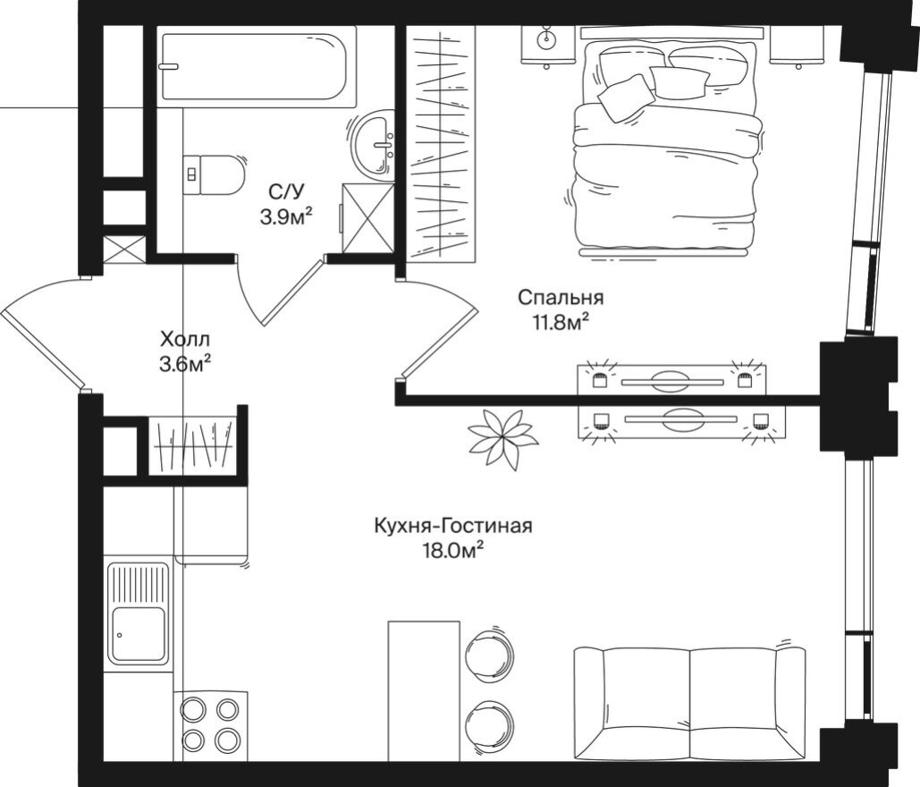 Планировка — 1к. квартира, 37.3 м²