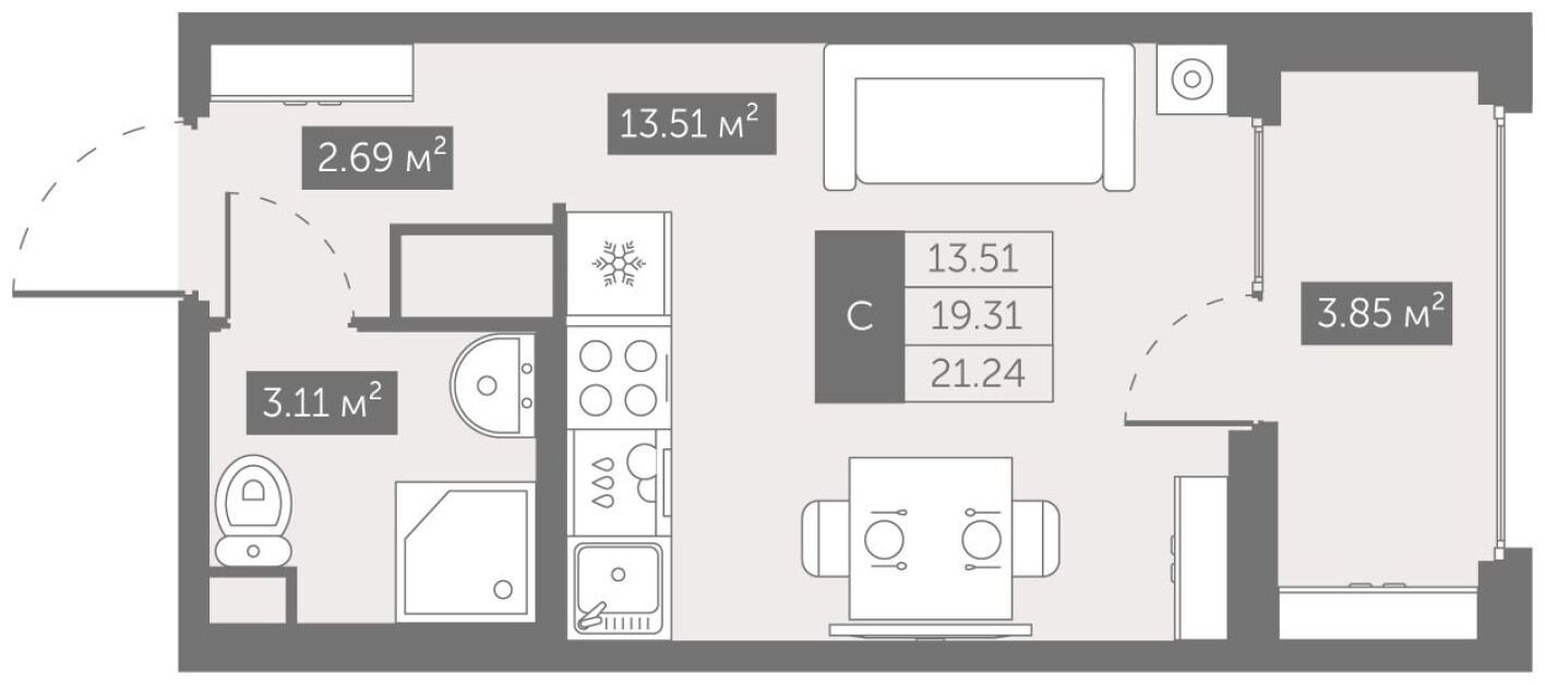 Планировка — Студия-квартира, 21.2 м²