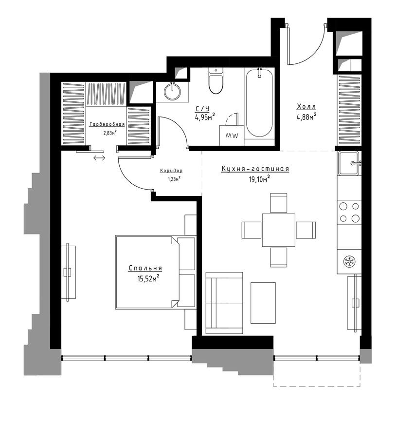 Планировка — 1к. квартира, 49.0 м²