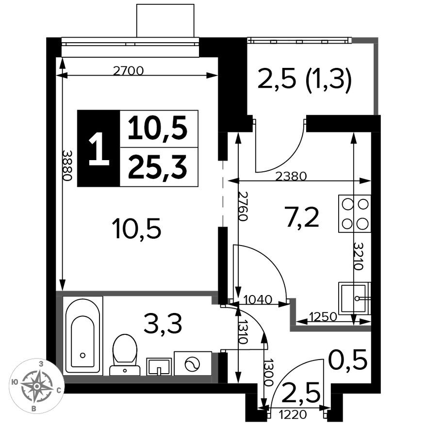 Планировка — Студия-квартира, 25.2 м²