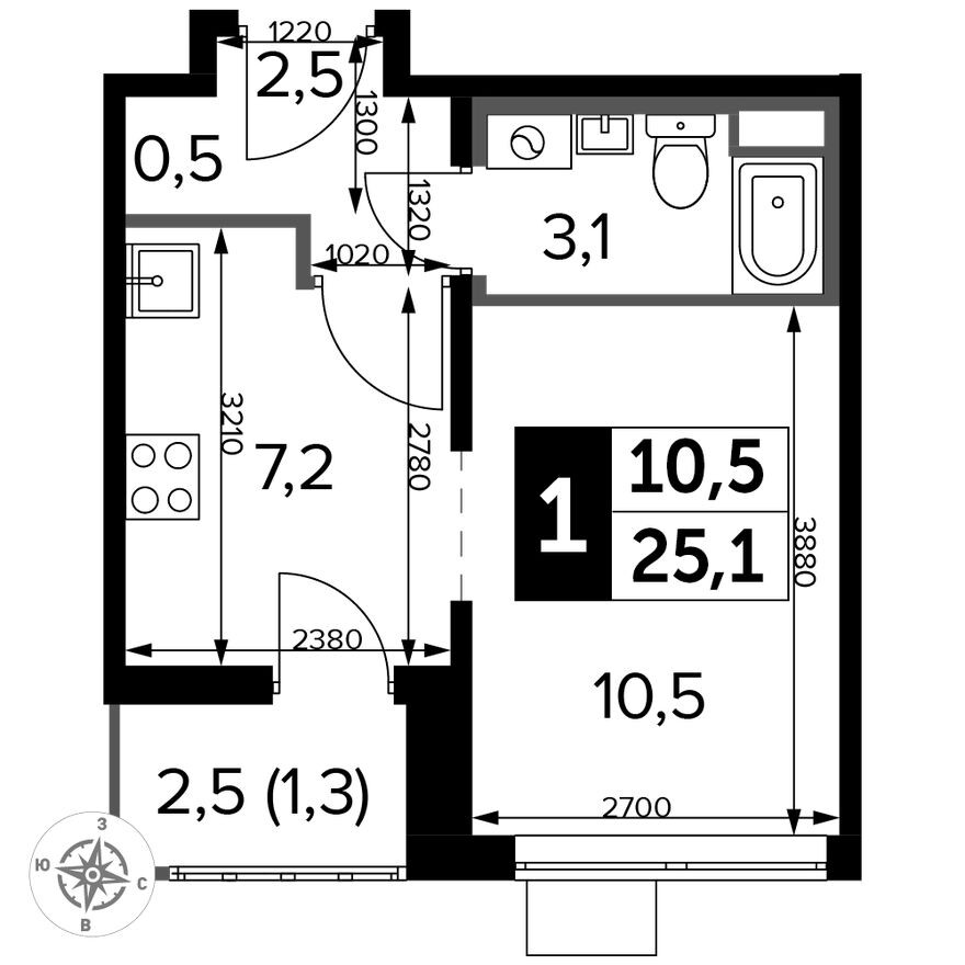 Планировка — Студия-квартира, 24.9 м²
