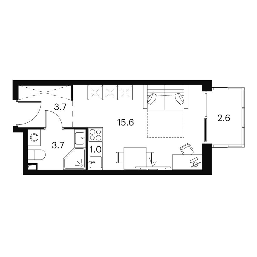 Студия-апартаменты, 26.6 м²