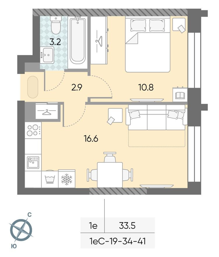 1к. квартира, 33.5 м²