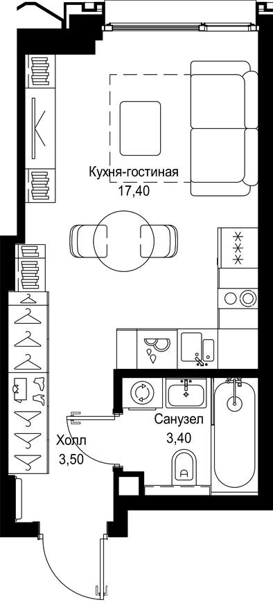Планировка — Студия-квартира, 24.3 м²