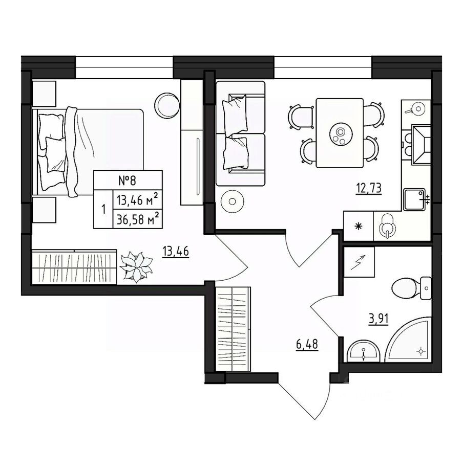 1к. квартира, 36.6 м²