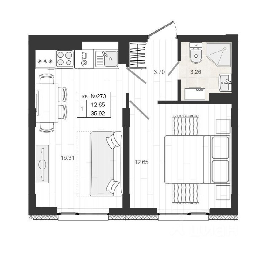 Планировка — 1к. квартира, 36.1 м²