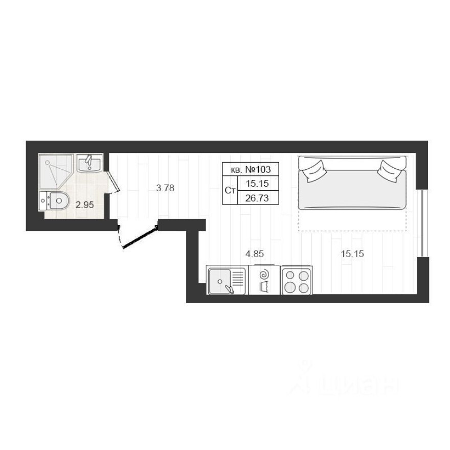 1к. квартира, 26.9 м²