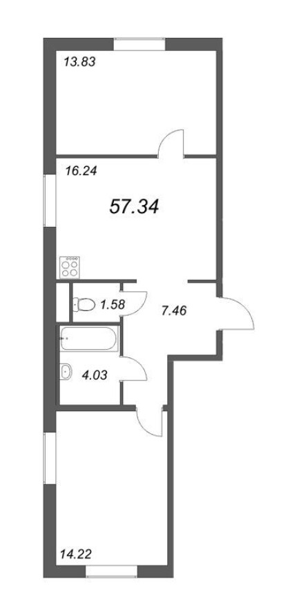 Планировка — 3е квартира, 57.3 м²