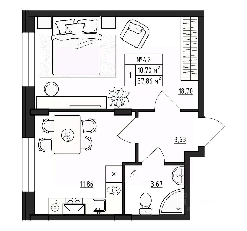 1к. квартира, 37.9 м²