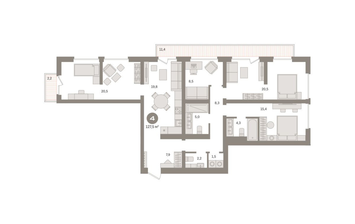 4к. квартира, 129.5 м²