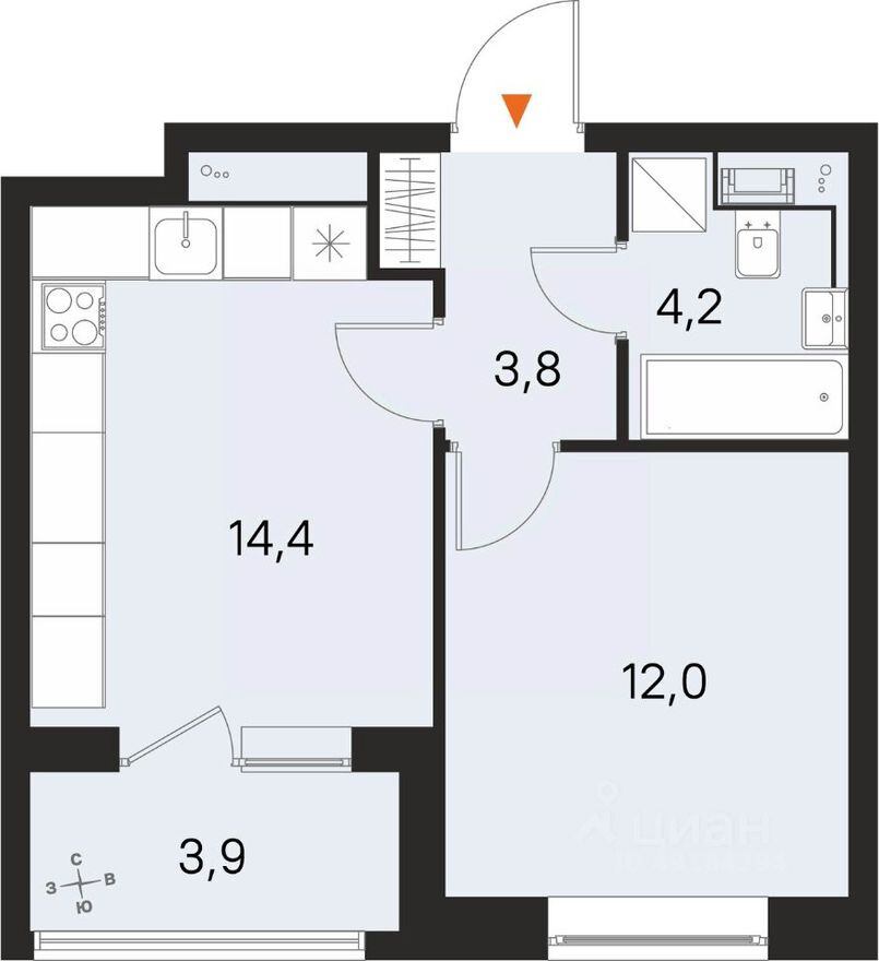 1к. квартира, 34.4 м²