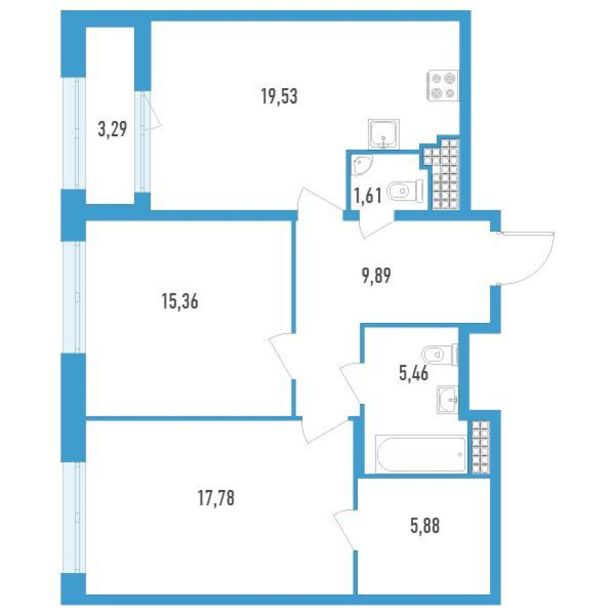 Планировка — 2к. квартира, 77.2 м²
