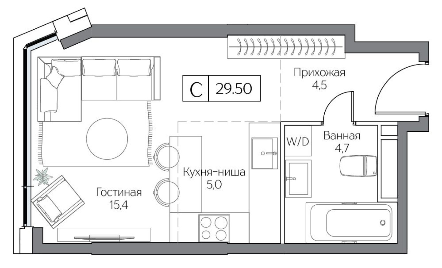 Планировка — Студия-квартира, 29.0 м²