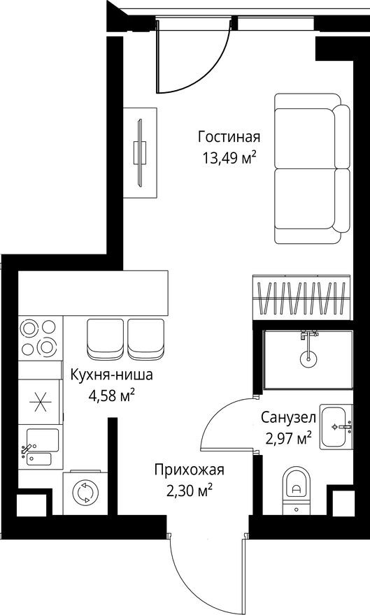 Студия-квартира, 23.3 м²