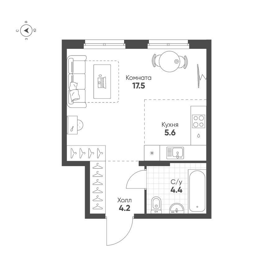 Планировка — 1к. квартира, 31.7 м²