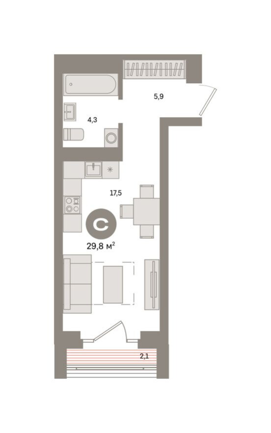 Студия-квартира, 29.8 м²
