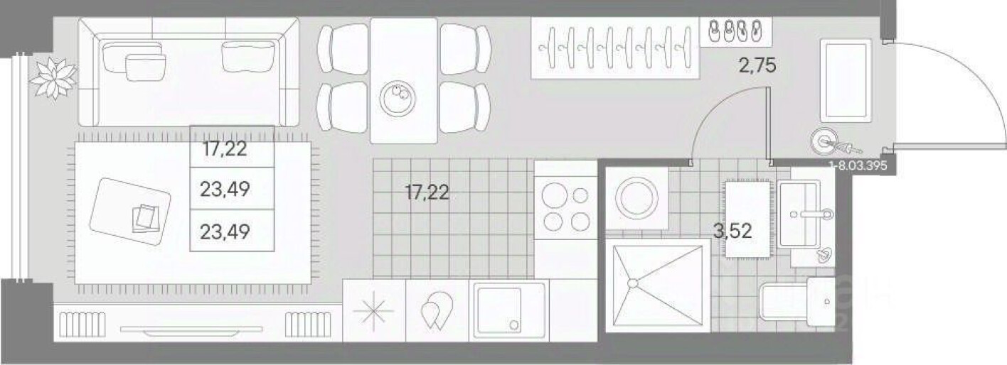 1к. квартира, 23.5 м²