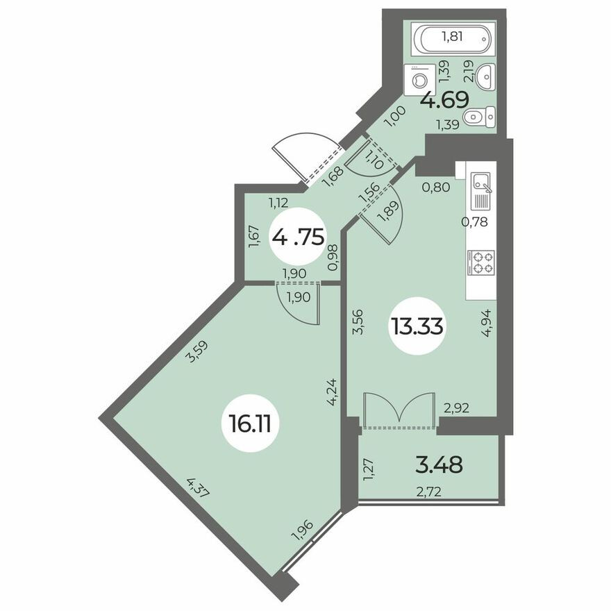 Планировка — 1к. квартира, 40.6 м²