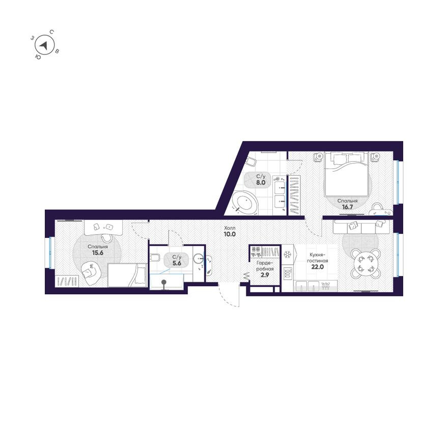 Планировка — 2к. квартира, 80.8 м²