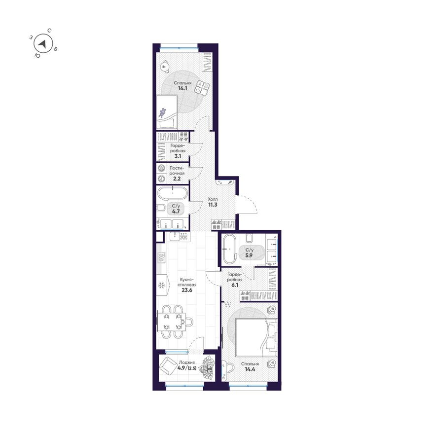 Планировка — 2к. квартира, 87.9 м²