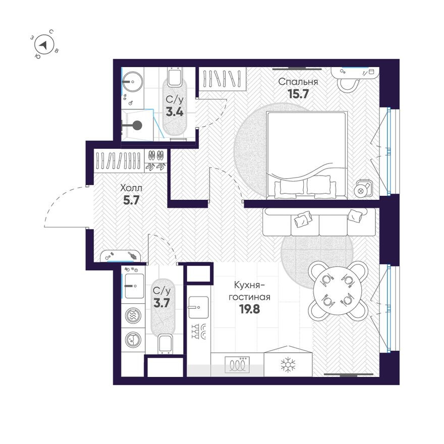 Планировка — 1к. квартира, 48.3 м²