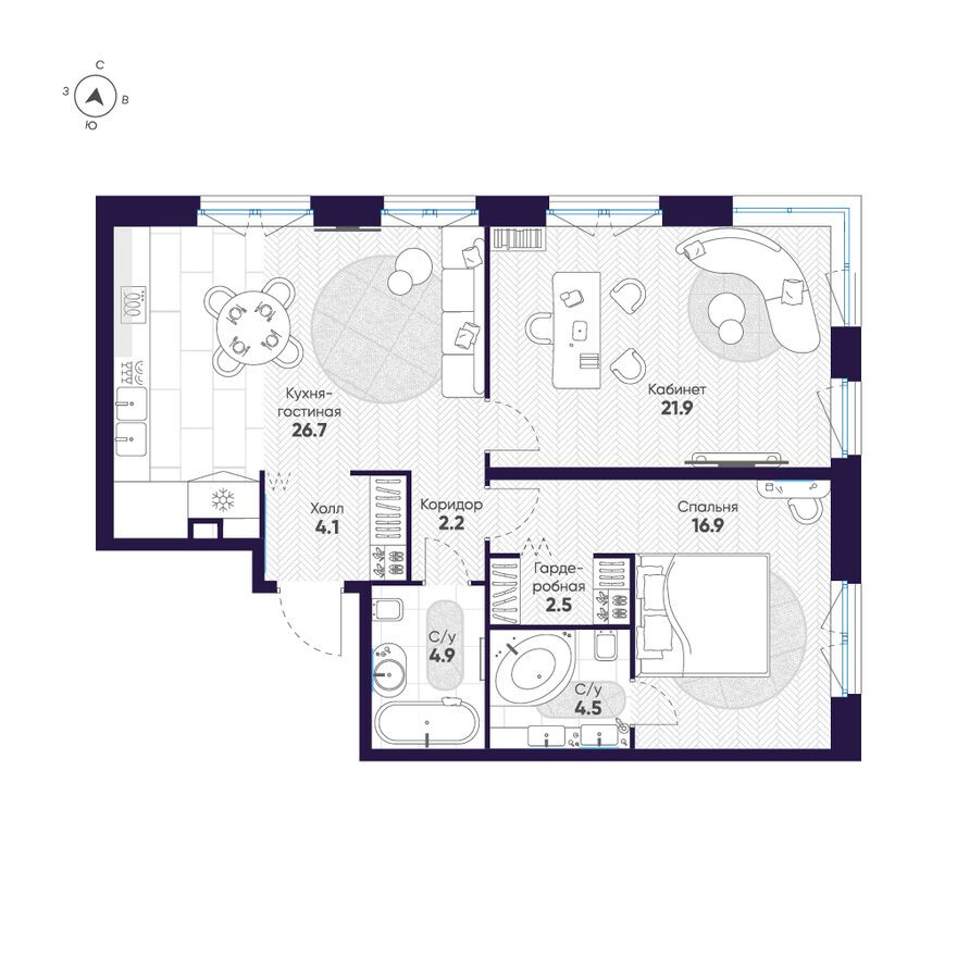 Планировка — 2к. квартира, 83.7 м²
