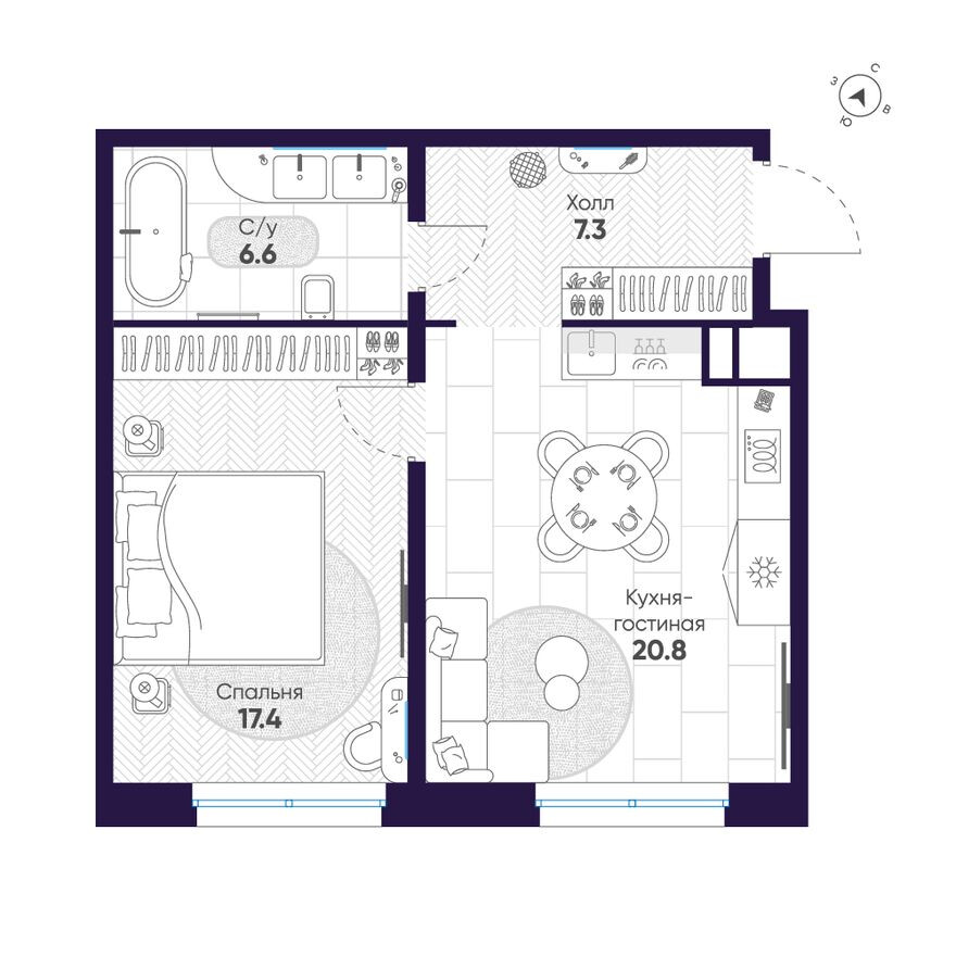 Планировка — 1к. квартира, 52.1 м²
