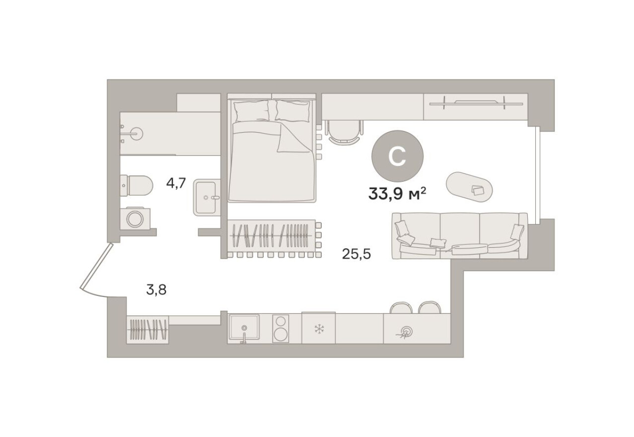 Студия-квартира, 33.9 м²