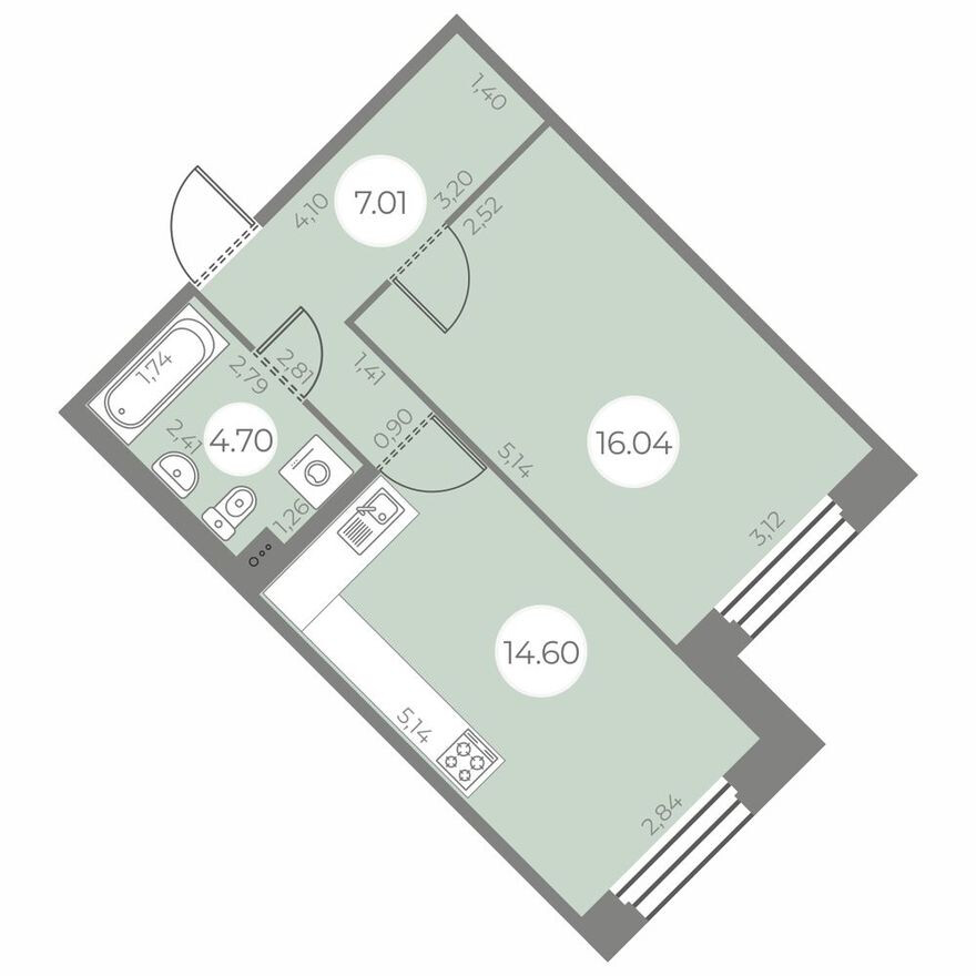 Планировка — 1к. квартира, 42.4 м²