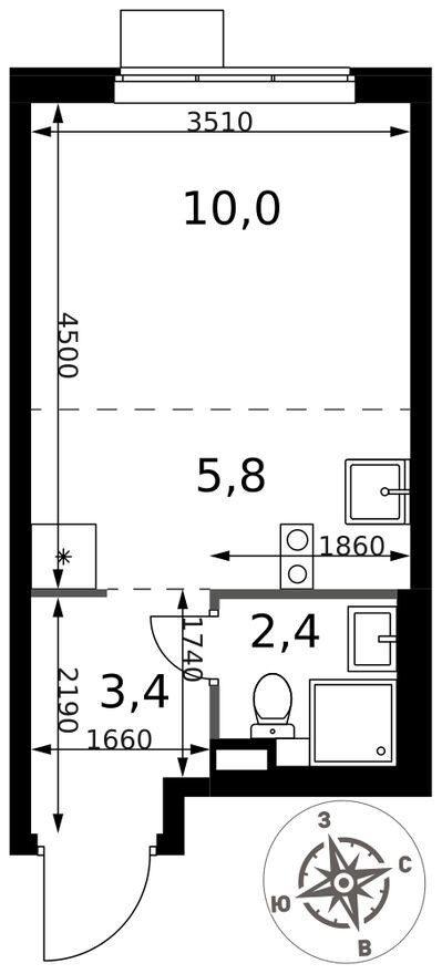 Планировка — Студия-квартира, 21.6 м²