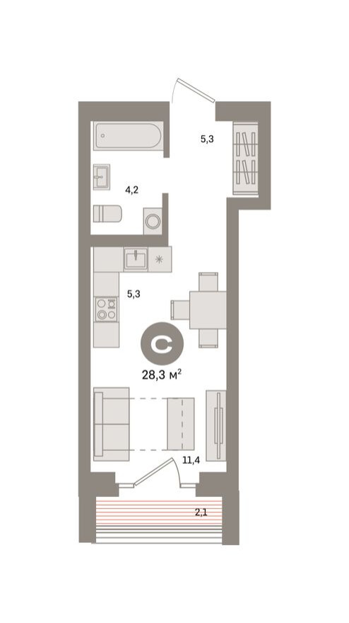 Студия-квартира, 28.3 м²