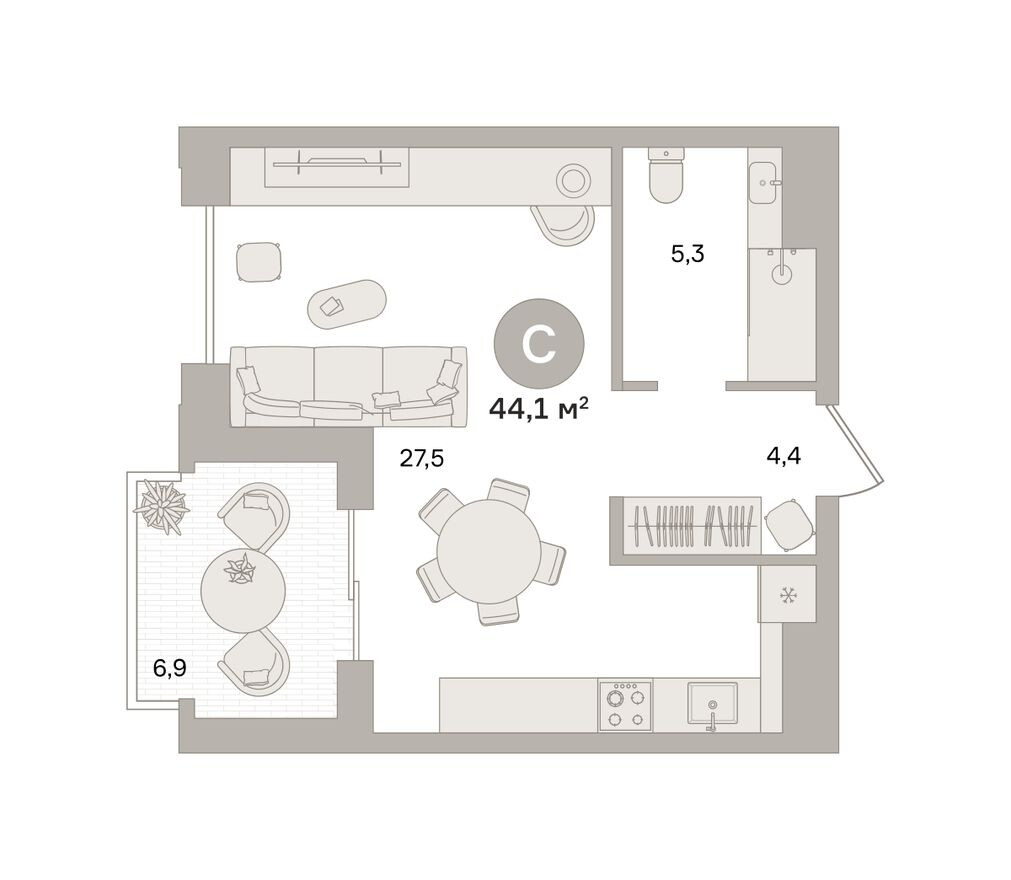 Студия-квартира, 44.1 м²