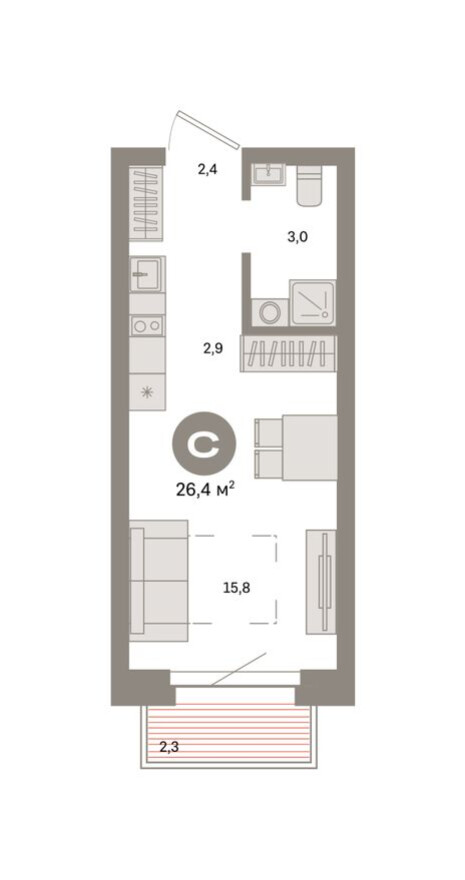 Студия-квартира, 26.4 м²