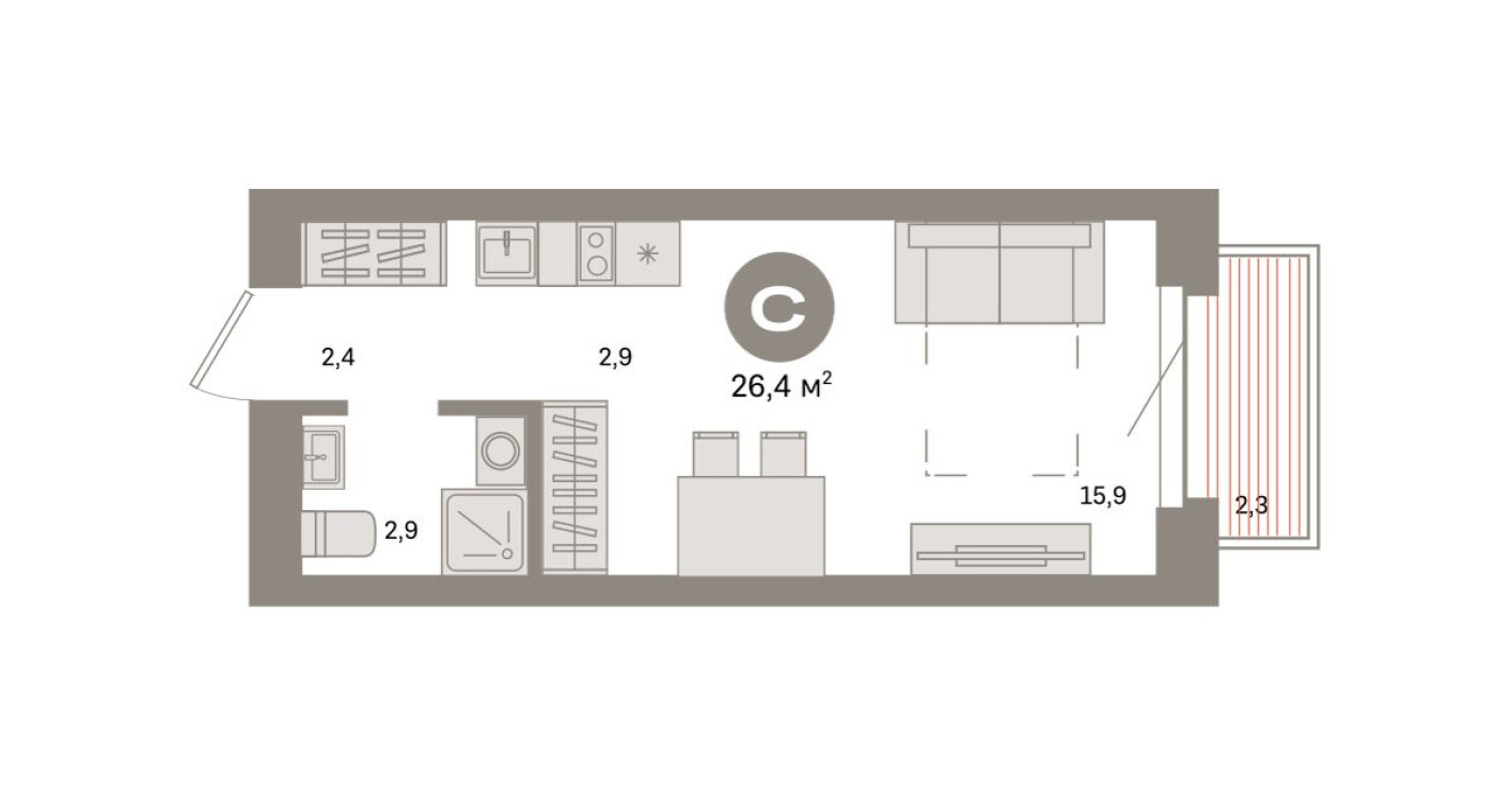 Студия-квартира, 26.4 м²