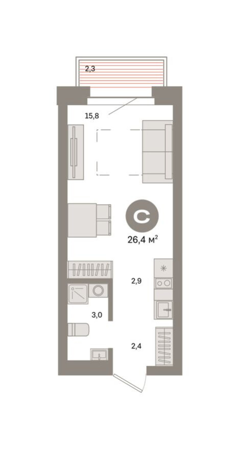 Студия-квартира, 26.4 м²
