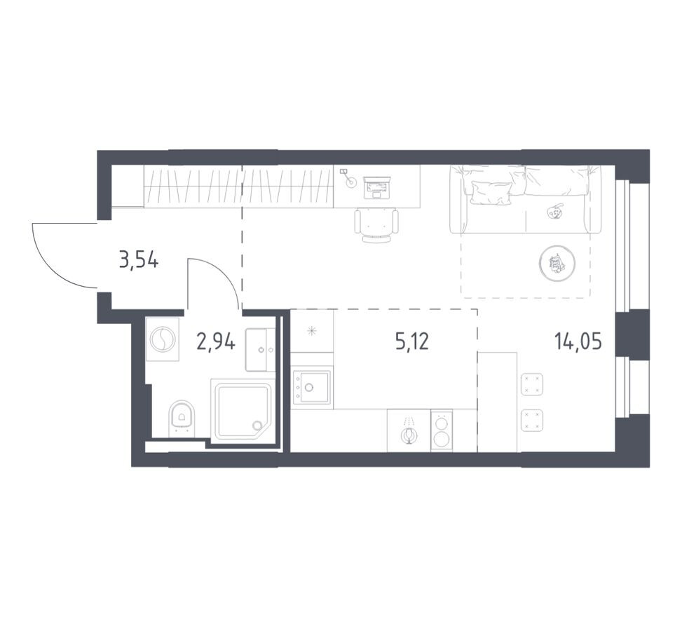 Студия-квартира, 25.7 м²