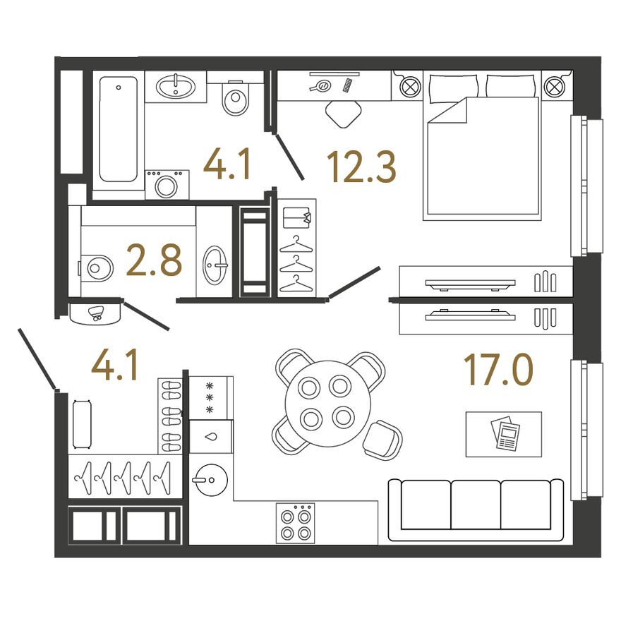 Планировка — 1к. квартира, 40.3 м²